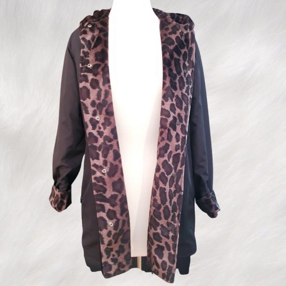 Jones New York Jackets & Blazers - REVERSIBLE Black and Faux Fur Leopard Print Mid-Length Hooded Coat Jacket Size S